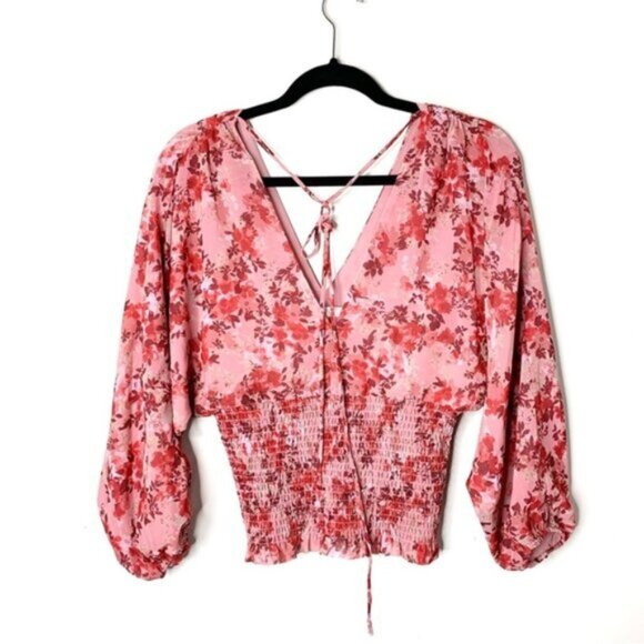Wayf Women's Blouse Floral Print Smocked Waist Top Pink Red V-neck Boho chic S - Picture 4 of 13